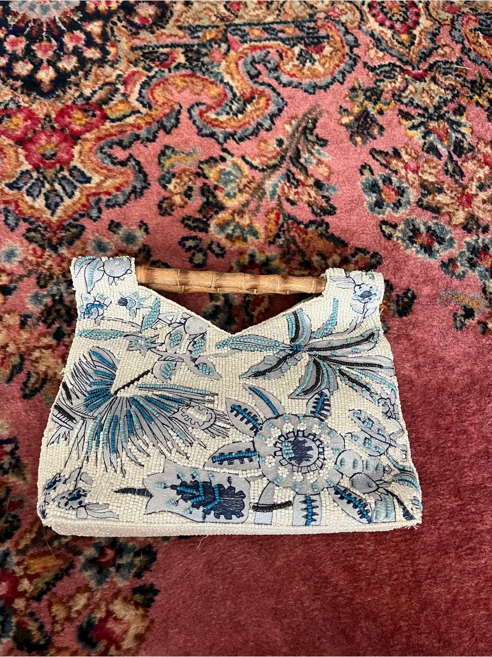 Blue Floral Beaded Handle Bag with Bamboo Accent